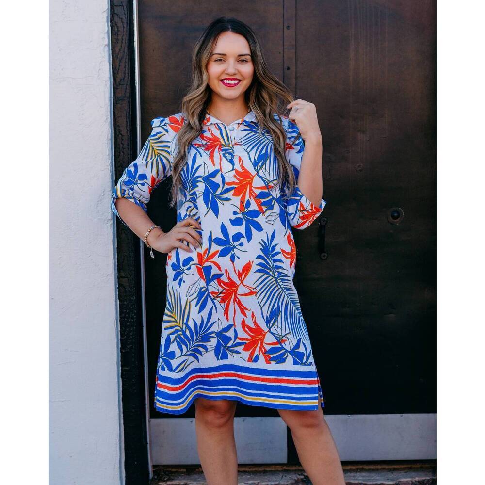 NEW MULTIPLES roll tab 3/4 sleeve front button placket pull-over dress in multi